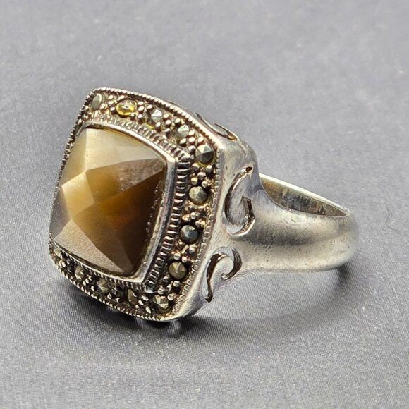 Sterling Silver 925 Smokey Quartz Marcasite Ring Size 8 Checkerboard Dome 7.02g - Picture 12 of 15